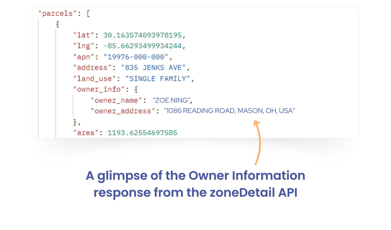 A glimpse of the owner information response from the zoneDetails API